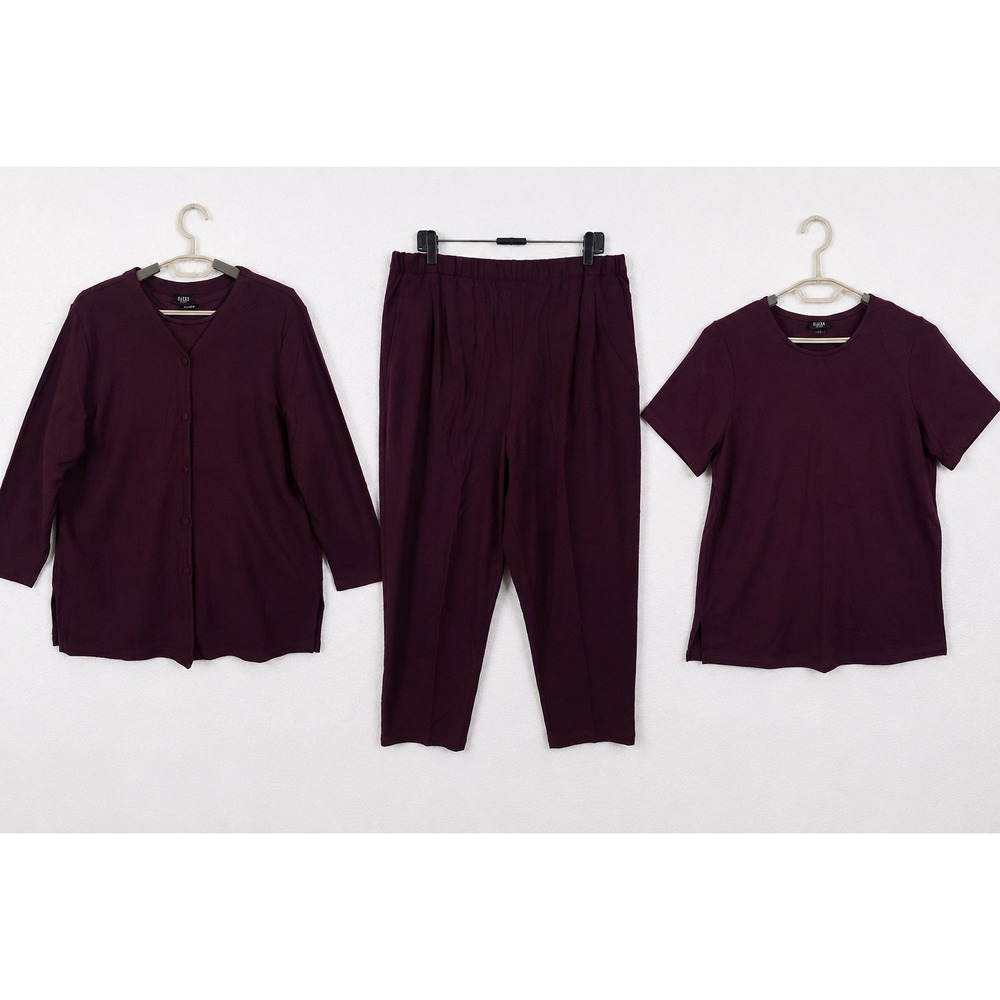 Eileen Fisher 3 Piece Knit Set Cardigan Tee Pants XL Burgundy Sustainable Wool - Picture 1 of 16